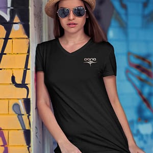 DANA – T-shirt women V-neck with logo, rosegold print