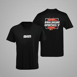 MAJOR IMPACT – T-shirt with text logo on front, logo in frame on the backside
