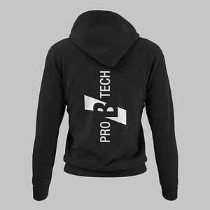 PRO B TECH – Black hoody with small logo on front and vertical on the backside