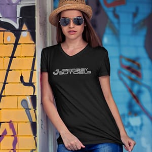 JEFFREY SUTORIUS – WOMEN black V-neck T-shirt, logo in matte Silver