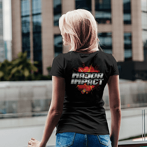 MAJOR IMPACT – T-shirt WOMEN with bomb on front, logo on the backside