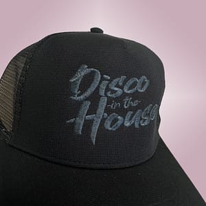 DISCO IN THE HOUSE – Black snapback trucker cap – Logo embroidered in metallic black