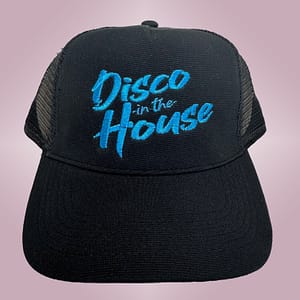 DISCO IN THE HOUSE – Black snapback trucker cap – Logo embroidered in metallic blue