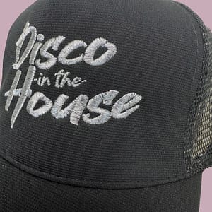 DISCO IN THE HOUSE – Black snapback trucker cap – Logo embroidered in metallic bronze