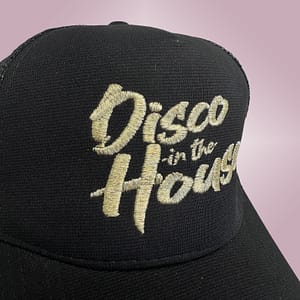 DISCO IN THE HOUSE – Black snapback trucker cap – Logo embroidered in metallic gold