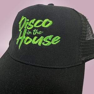 DISCO IN THE HOUSE – Black snapback trucker cap – Logo embroidered in metallic green