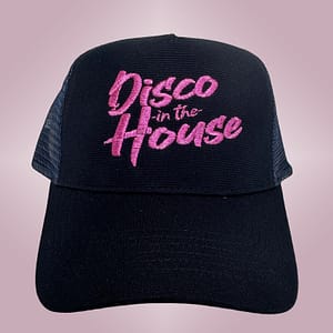 DISCO IN THE HOUSE – Black snapback trucker cap – Logo embroidered in metallic pink