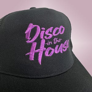 DISCO IN THE HOUSE – Black snapback trucker cap – Logo embroidered in metallic purple