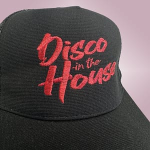 DISCO IN THE HOUSE – Black snapback trucker cap – Logo embroidered in metallic red