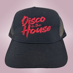 DISCO IN THE HOUSE – Black snapback trucker cap – Logo embroidered in metallic red