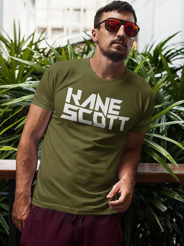 KANE SCOTT text logo WHITE on ARMYGREEN t-shirt