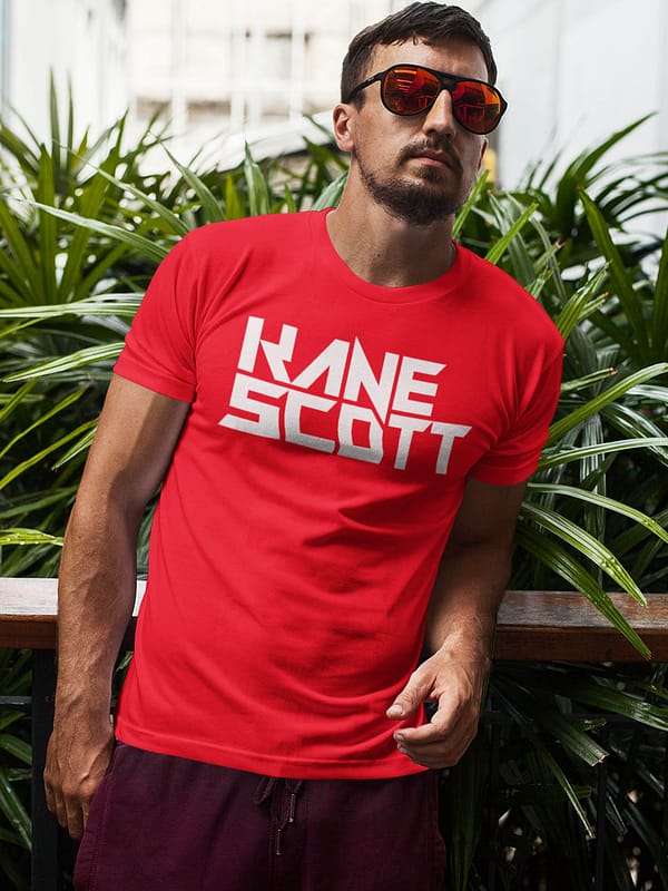 KANE SCOTT text logo WHITE on RED t-shirt