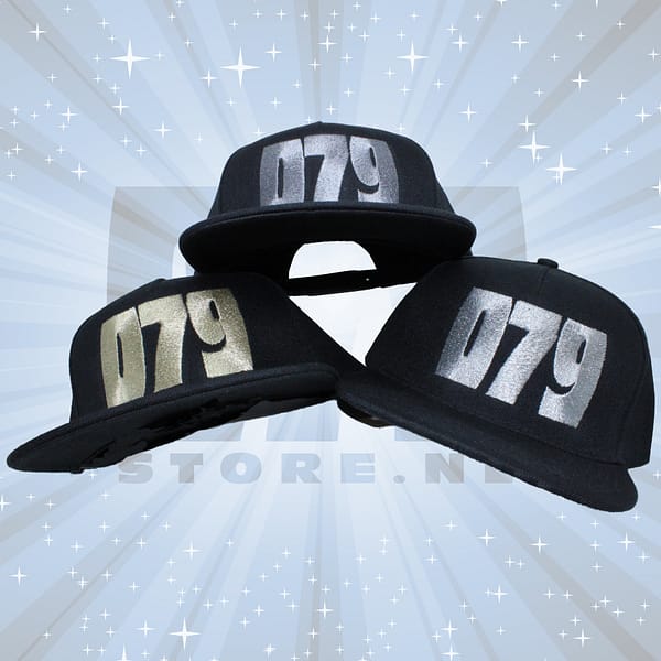079 - Black snapback Cap, 079 embroidered