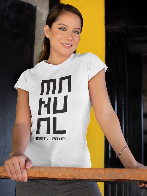 Manual Music - T-shirt white female, logo MANUAL EST. 2005 in black